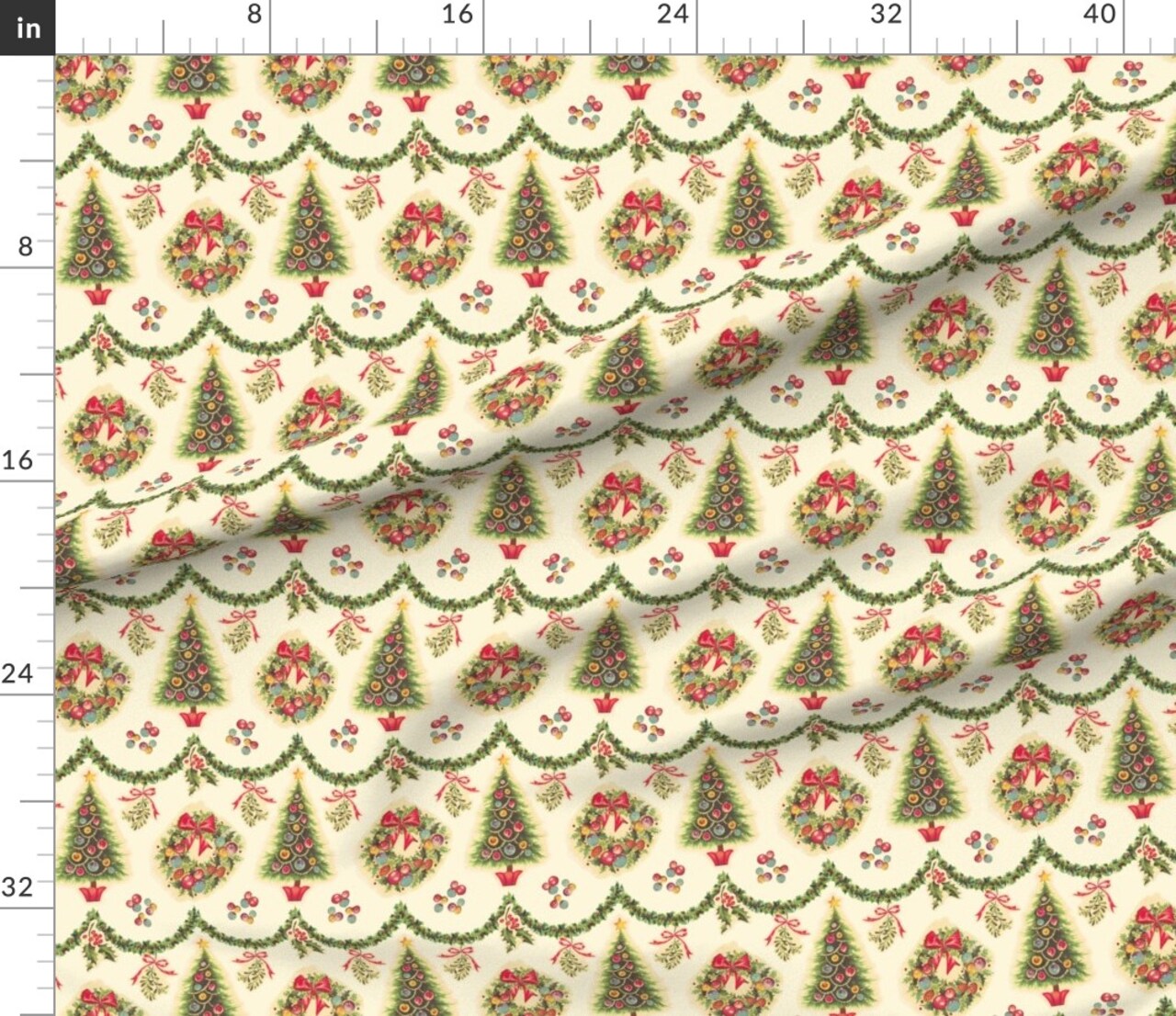 Retro Christmas Christmas Trees Holly Wreaths Vintage Inspired Nostalgic Holiday Custom Printed Fabric by Spoonflower Various Fabrics by the Yard or Fat Quarter